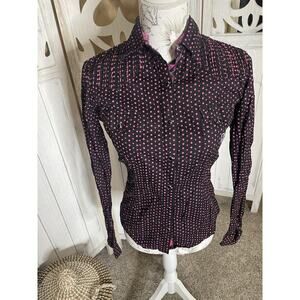 Panhandle Slim Long Sleeve Pearl Snap Top Black Pink Polka Dot Women's Small